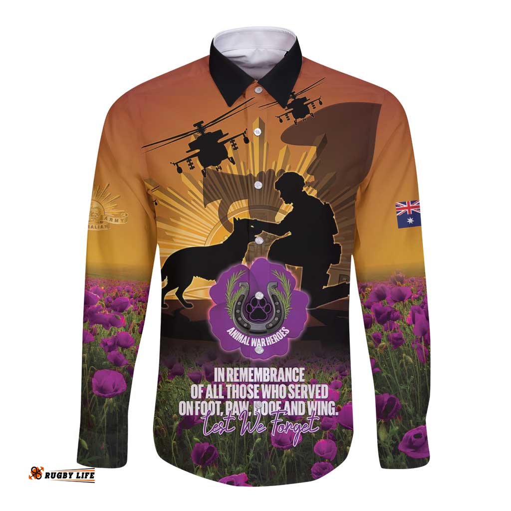 Animal War Heroes Australia ANZAC Day Long Sleeve Button Shirt We Will Always Remember Them LT14