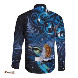 Aotearoa Matariki Long Sleeve Button Shirt Maori Tribal with Silver Fern and Tui Bird Galaxy Style LT03