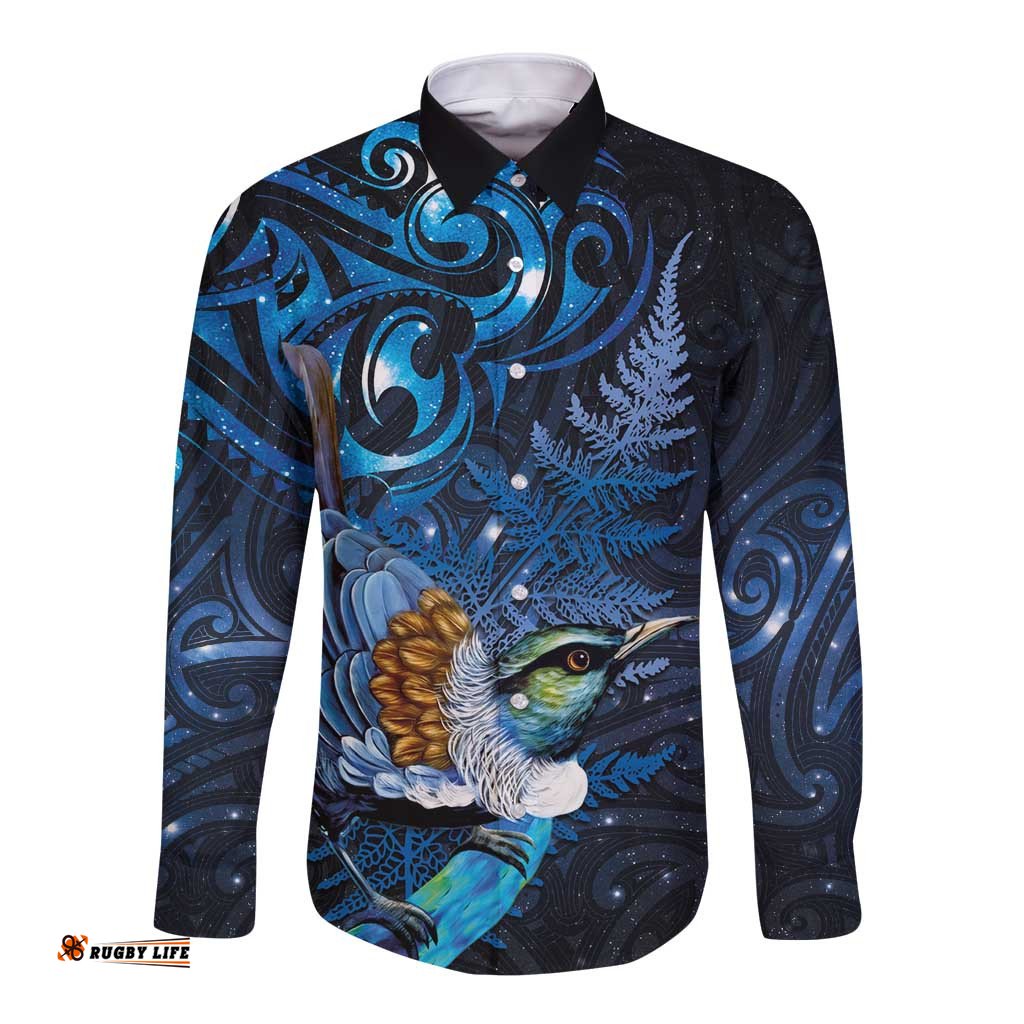 Aotearoa Matariki Long Sleeve Button Shirt Maori Tribal with Silver Fern and Tui Bird Galaxy Style LT03