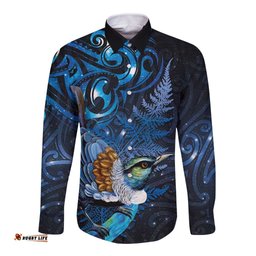 Aotearoa Matariki Long Sleeve Button Shirt Maori Tribal with Silver Fern and Tui Bird Galaxy Style LT03