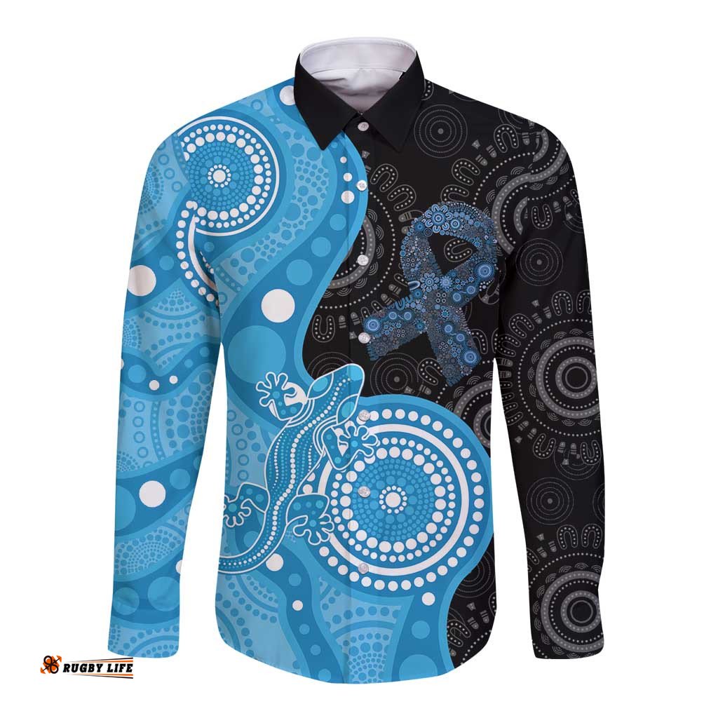 Australia Autism Awareness Month Long Sleeve Button Shirt Indigenous Lizard With Blue Ribbon LT14