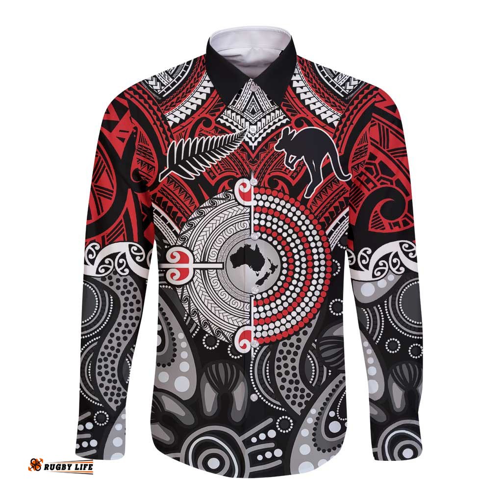Aotearoa and Australia Long Sleeve Button Shirt New Zealand Honour The Treaty Ake!Ake!Ake! LT9
