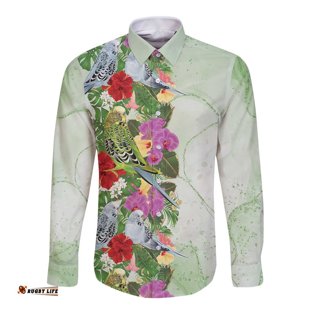 Aussie Budgies Blue And Green Tropical Birds Long Sleeve Button Shirt LT9