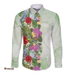 Aussie Budgies Blue And Green Tropical Birds Long Sleeve Button Shirt LT9