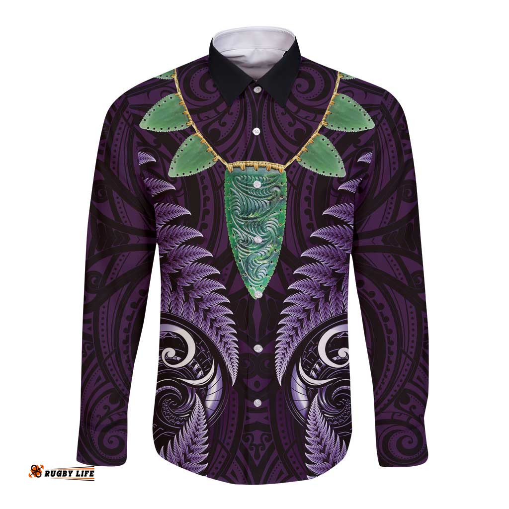 Aotearoa Pounamu Niho Long Sleeve Button Shirt Silver Fern Mix Maori Pattern - Purple LT14