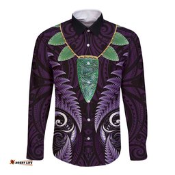 Aotearoa Pounamu Niho Long Sleeve Button Shirt Silver Fern Mix Maori Pattern - Purple LT14