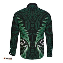 Aotearoa Pounamu Niho Long Sleeve Button Shirt Silver Fern Mix Maori Pattern - Green LT14