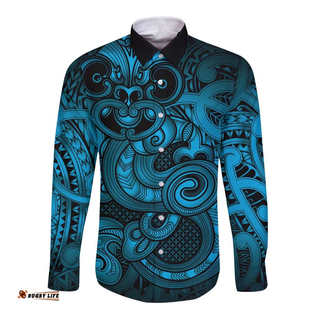 Aotearoa Maori Hei Tiki Long Sleeve Button Shirt Kikorangi Kowhaiwhai Puhoro Motif LT9