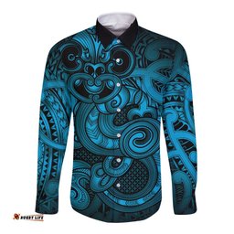 Aotearoa Maori Hei Tiki Long Sleeve Button Shirt Kikorangi Kowhaiwhai Puhoro Motif LT9