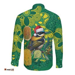 Aussie Honeyeaters Banksia Christmas Long Sleeve Button Shirt Aboriginal Dots Painting Green Motif LT9