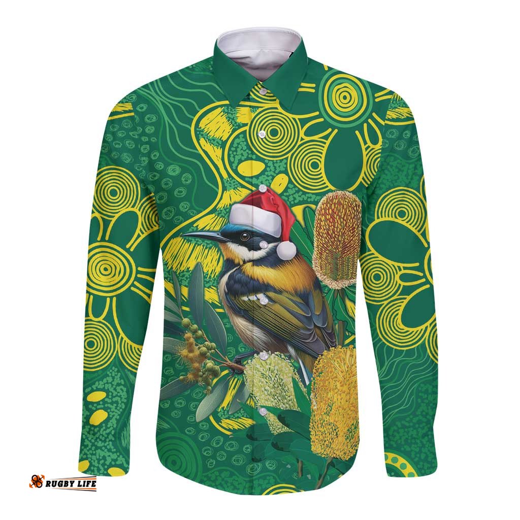 Aussie Honeyeaters Banksia Christmas Long Sleeve Button Shirt Aboriginal Dots Painting Green Motif LT9