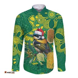 Aussie Honeyeaters Banksia Christmas Long Sleeve Button Shirt Aboriginal Dots Painting Green Motif LT9