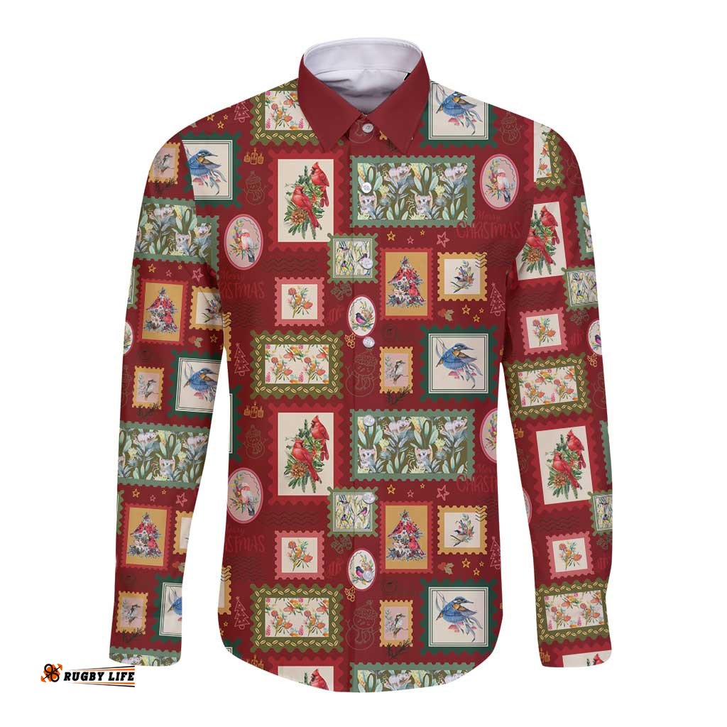 Aussie Birds Christmas La La Land Long Sleeve Button Shirt Red Vintage Stamp Edition LT9