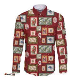 Aussie Birds Christmas La La Land Long Sleeve Button Shirt Red Vintage Stamp Edition LT9