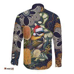 Aussie Honeyeaters Banksia Christmas Long Sleeve Button Shirt Aboriginal Dots Painting Blue Motif LT9