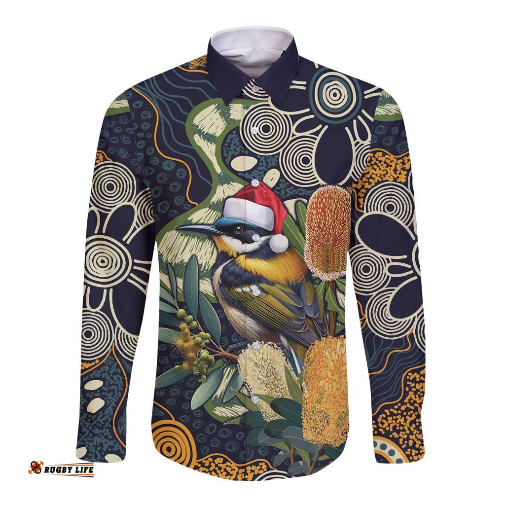 Aussie Honeyeaters Banksia Christmas Long Sleeve Button Shirt Aboriginal Dots Painting Blue Motif LT9