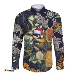 Aussie Honeyeaters Banksia Christmas Long Sleeve Button Shirt Aboriginal Dots Painting Blue Motif LT9