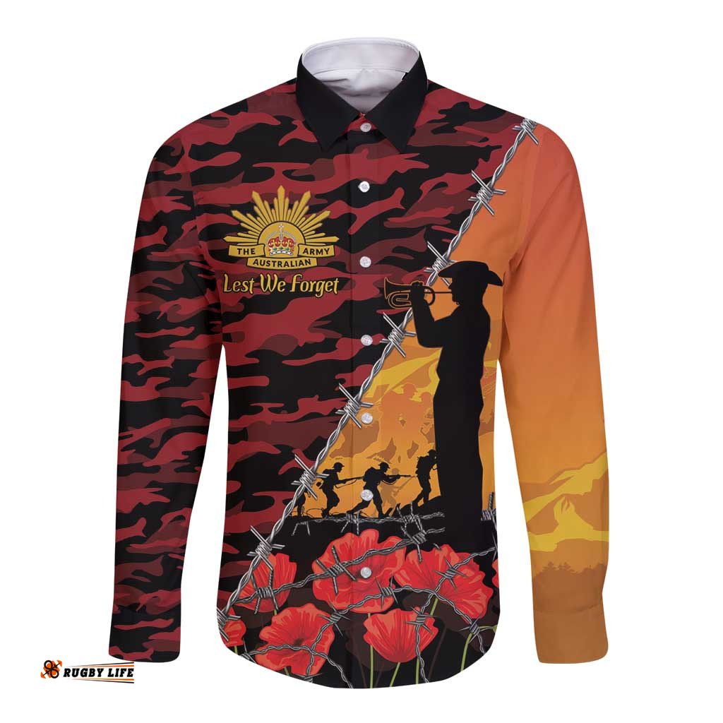 ANZAC Lest We Forget Long Sleeve Button Shirt Australian Army Poppy Tribute LT15