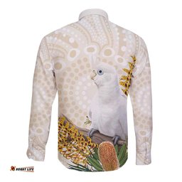 Australia Little Corella Long Sleeve Button Shirt Cacatua Sanguinea Western Grevillea Aboriginal Art LT14
