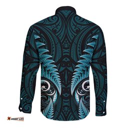 Aotearoa Pounamu Niho Long Sleeve Button Shirt Silver Fern Mix Maori Pattern - Turquoise LT14