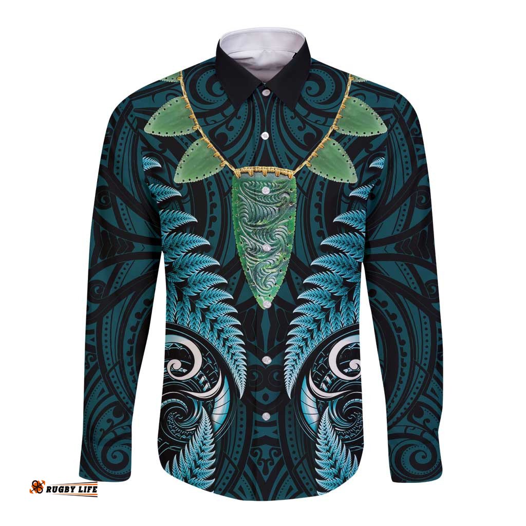 Aotearoa Pounamu Niho Long Sleeve Button Shirt Silver Fern Mix Maori Pattern - Turquoise LT14
