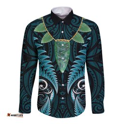 Aotearoa Pounamu Niho Long Sleeve Button Shirt Silver Fern Mix Maori Pattern - Turquoise LT14