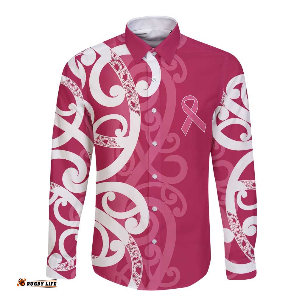 Breast Cancer Awareness Maori Long Sleeve Button Shirt Koru Kowhaiwhai LT7
