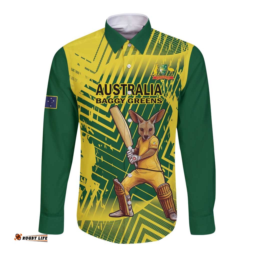 Custom Australia Cricket Long Sleeve Button Shirt Aussie Baggy Greens - Kangaroo Mascot Style LT14