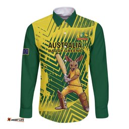 Custom Australia Cricket Long Sleeve Button Shirt Aussie Baggy Greens - Kangaroo Mascot Style LT14