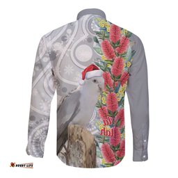 Blue Galah Mutation Christmas Australia Long Sleeve Button Shirt Falalalala Galalah Bottlebrush Grey Aboriginal Art LT14