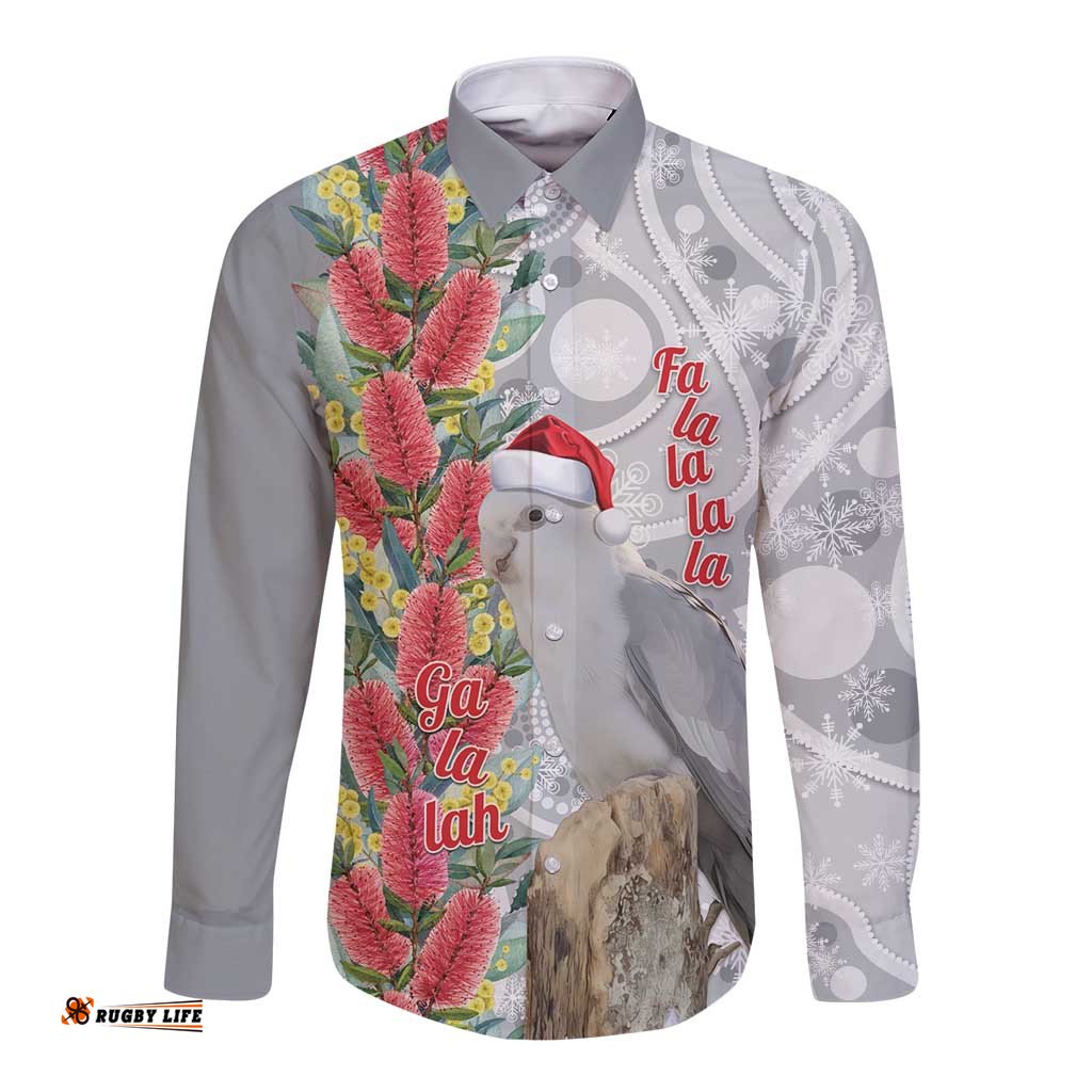 Blue Galah Mutation Christmas Australia Long Sleeve Button Shirt Falalalala Galalah Bottlebrush Grey Aboriginal Art LT14