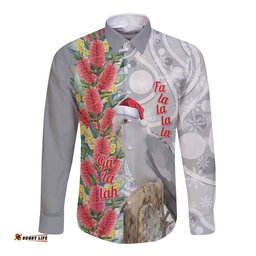 Blue Galah Mutation Christmas Australia Long Sleeve Button Shirt Falalalala Galalah Bottlebrush Grey Aboriginal Art LT14