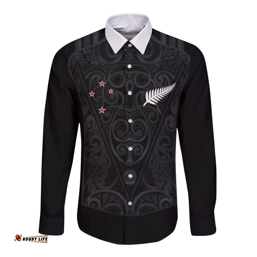Custom Aotearoa Rugby Long Sleeve Button Shirt Fern Blacks-Traditional Maori Motifs Design LT03