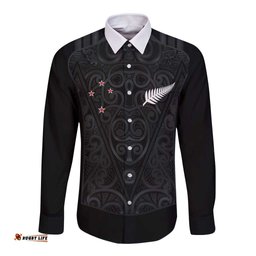 Custom Aotearoa Rugby Long Sleeve Button Shirt Fern Blacks-Traditional Maori Motifs Design LT03