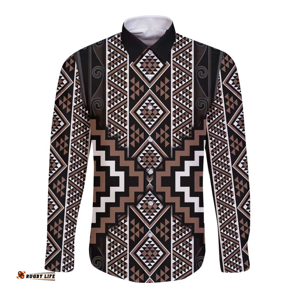 Classic Tukutuku Pattern Aotearoa Long Sleeve Button Shirt Niho Taniwha and Puhoro Motifs LT7