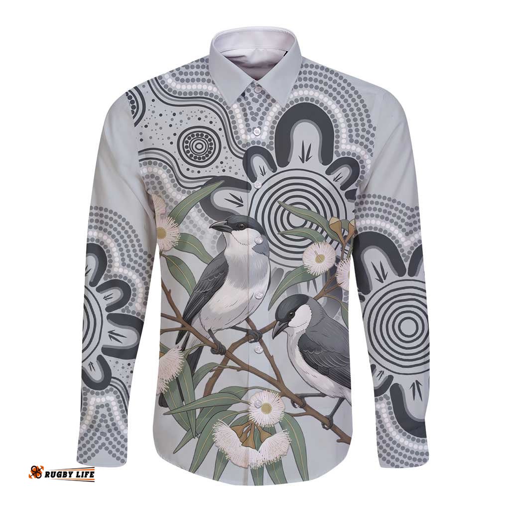Australia Grey Butcherbird Long Sleeve Button Shirt Eucalyptus Alba Indigenous Art LT14