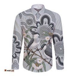 Australia Grey Butcherbird Long Sleeve Button Shirt Eucalyptus Alba Indigenous Art LT14