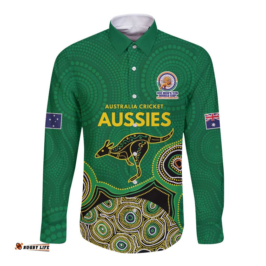 Custom Australia Cricket Spirit 2026 Long Sleeve Button Shirt World T20 Edition - Green Aboriginal LT9