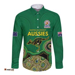 Custom Australia Cricket Spirit 2026 Long Sleeve Button Shirt World T20 Edition - Green Aboriginal LT9