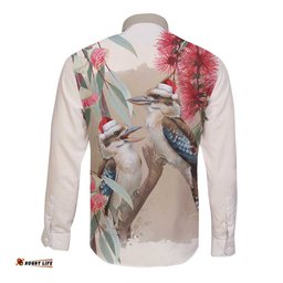 Australia Kookaburra Christmas Long Sleeve Button Shirt Bottlebrush Eucalyptus Blossoms Watercolor LT14