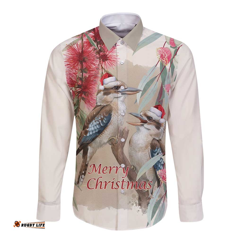 Australia Kookaburra Christmas Long Sleeve Button Shirt Bottlebrush Eucalyptus Blossoms Watercolor LT14