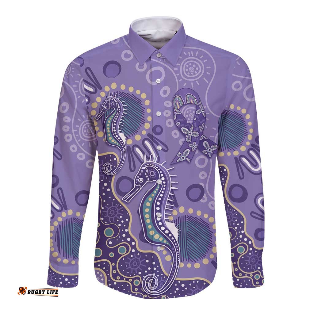 Australia Epilepsy Awareness Long Sleeve Button Shirt Aboriginal Purple Ribbon with Seahorse LT7