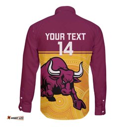 Custom Australia Queensland Cricket Long Sleeve Button Shirt Go Bulls - Aboriginal Art LT14