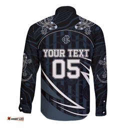 Custom Carlton Navy Long Sleeve Button Shirt Captain With Aboriginal Art DT05