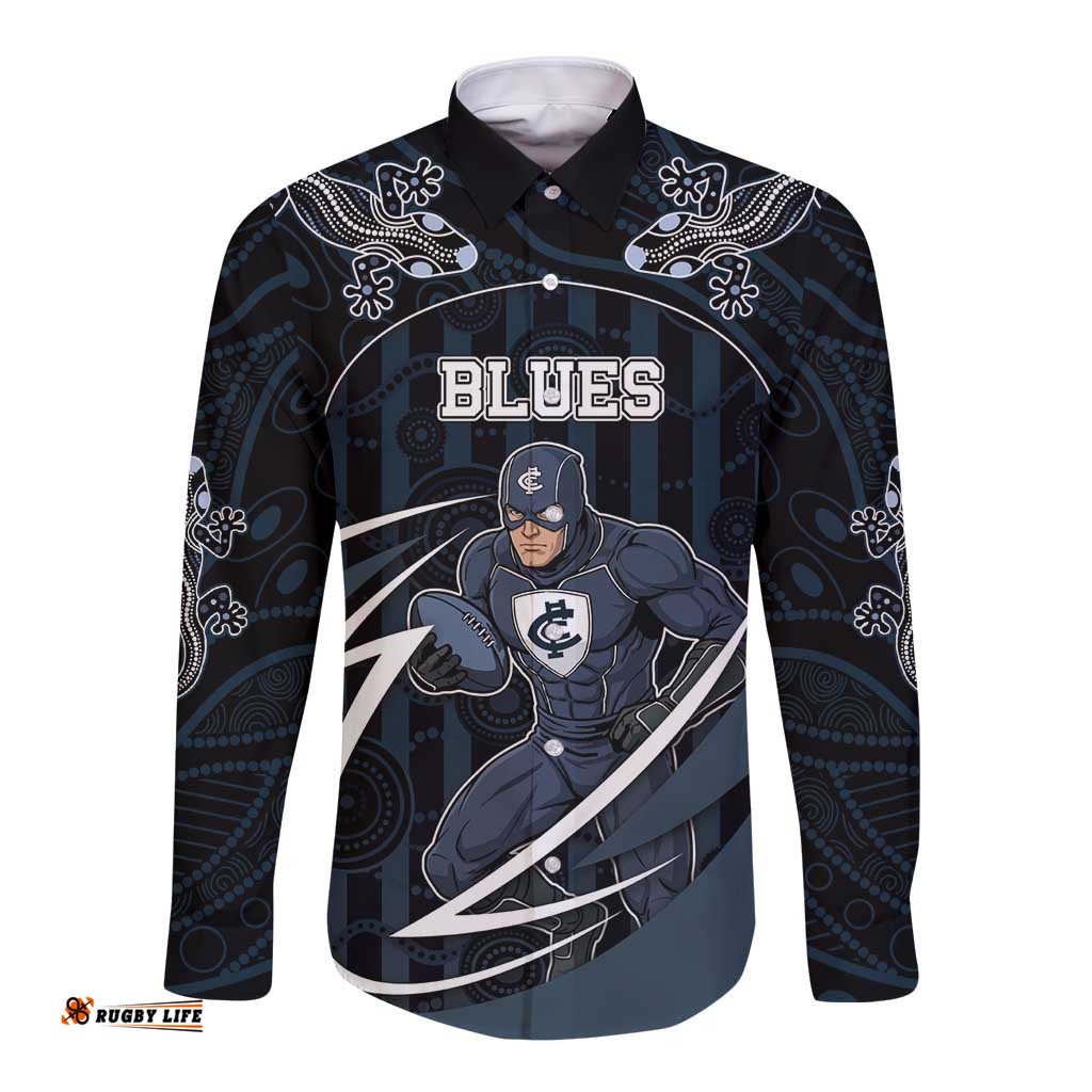Custom Carlton Navy Long Sleeve Button Shirt Captain With Aboriginal Art DT05