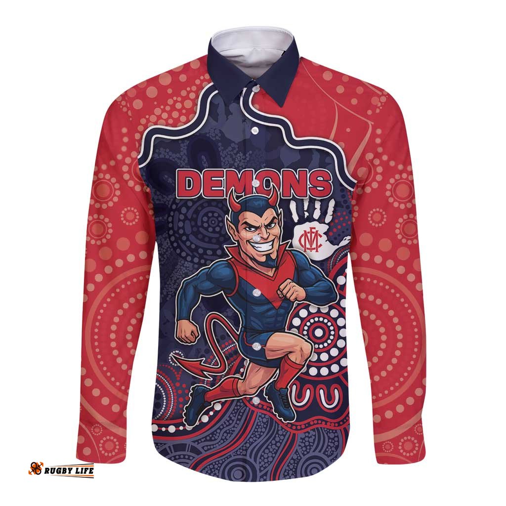 Custom Demons Football Long Sleeve Button Shirt Aboriginal Dot Art Pattern DT05