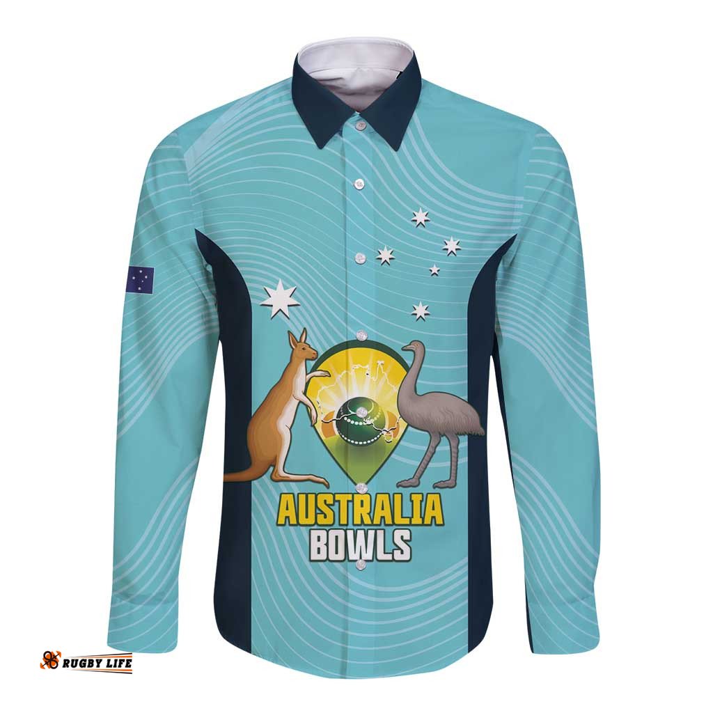 Custom Bowls Australia Long Sleeve Button Shirt Teal Color Curve Sporty LT14