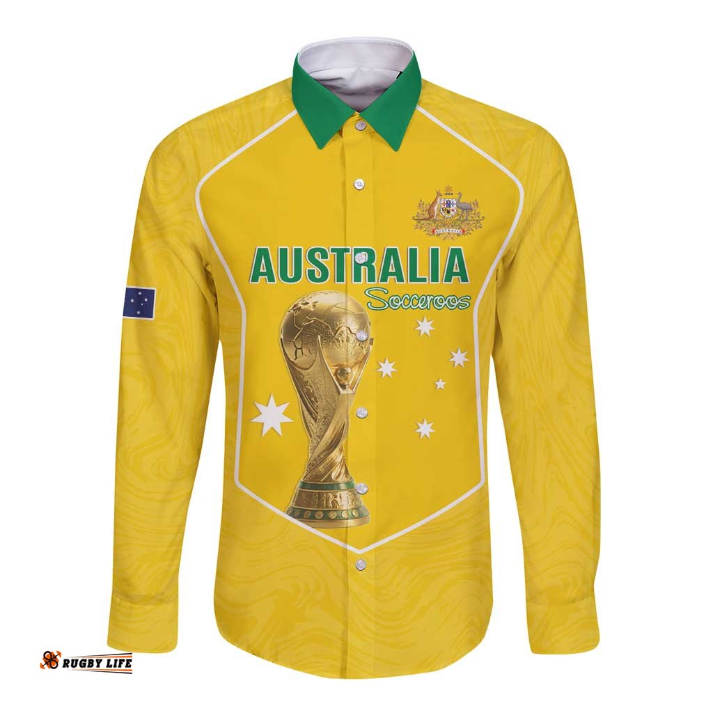 Custom Australia Soccer Long Sleeve Button Shirt Aussie Aussie Oi Oi Oi LT15