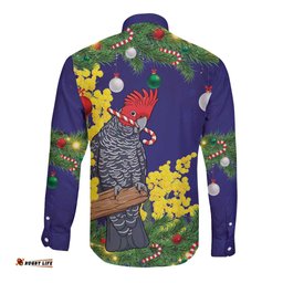 Australia Gang-gang Cockatoo Christmas Long Sleeve Button Shirt Callocephalon Fimbriatum Golden Wattle Blue LT14