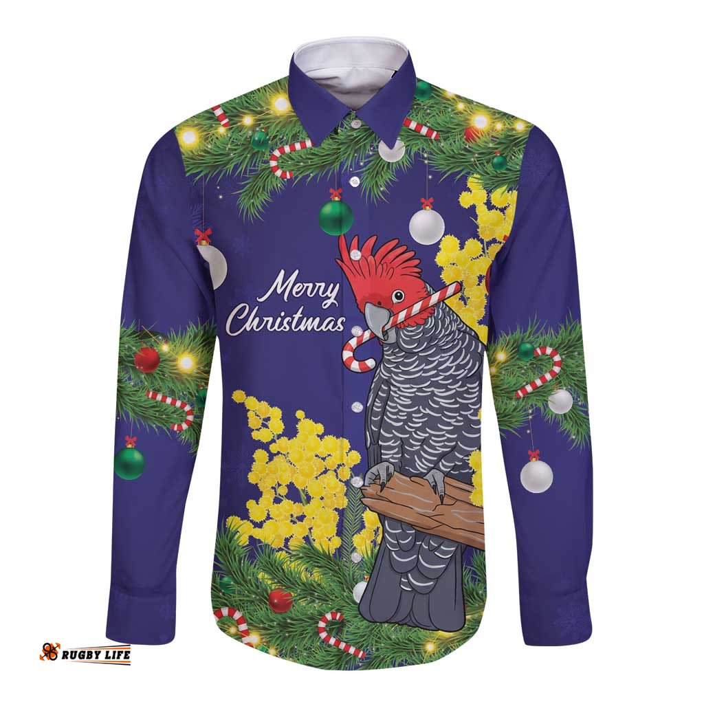 Australia Gang-gang Cockatoo Christmas Long Sleeve Button Shirt Callocephalon Fimbriatum Golden Wattle Blue LT14